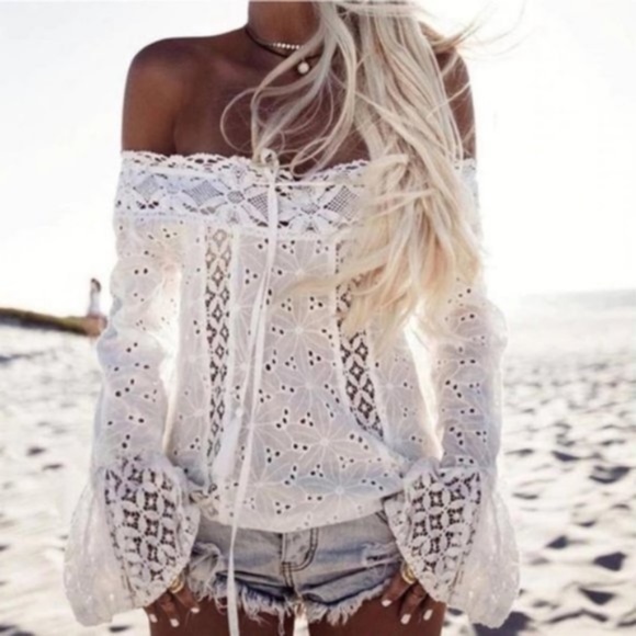 Bellanblue Tops - Boho white off shoulder Embroidered lace bell sleeve top